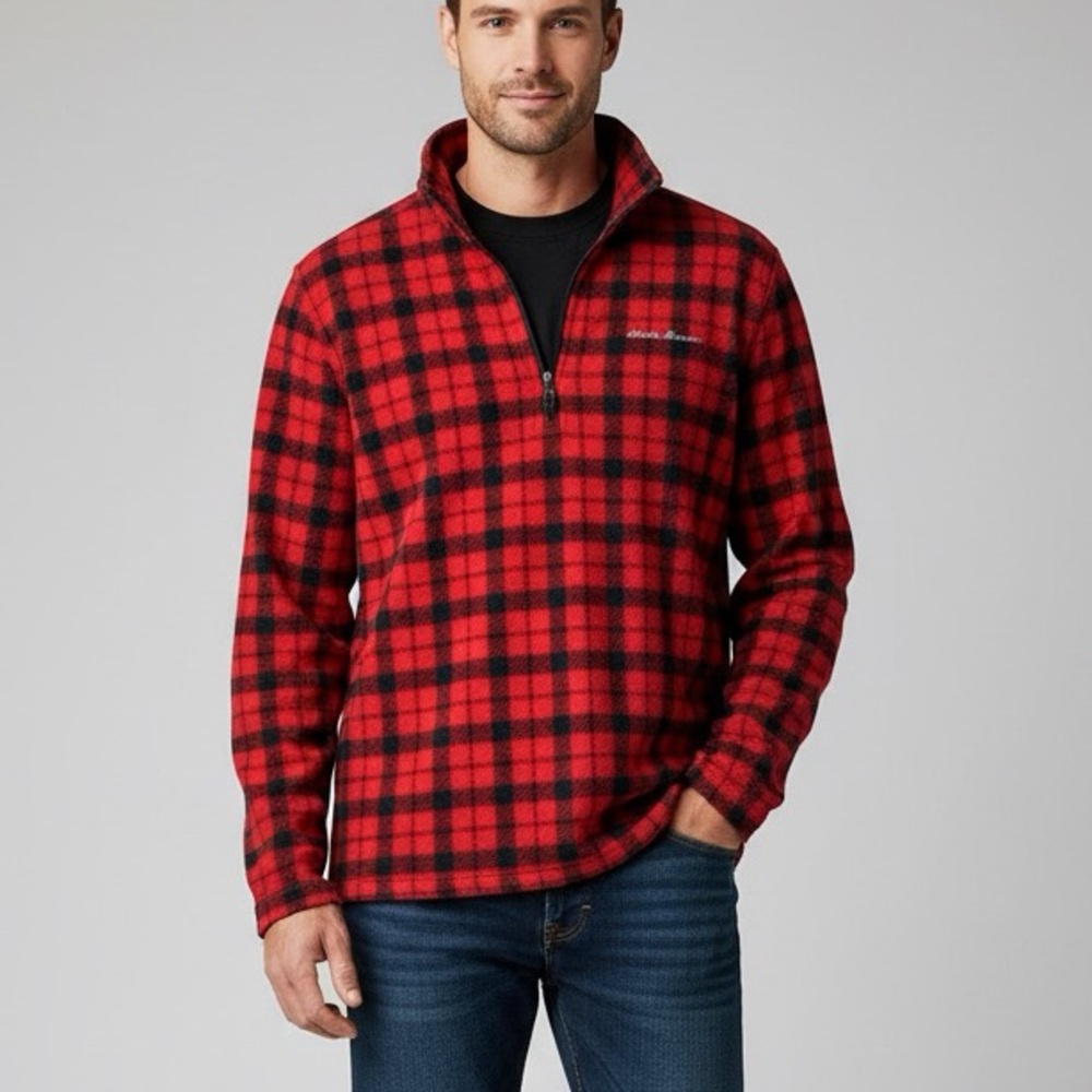 Eddie Bauer Men’s Quarter Zip Pullover Red Black Plaid